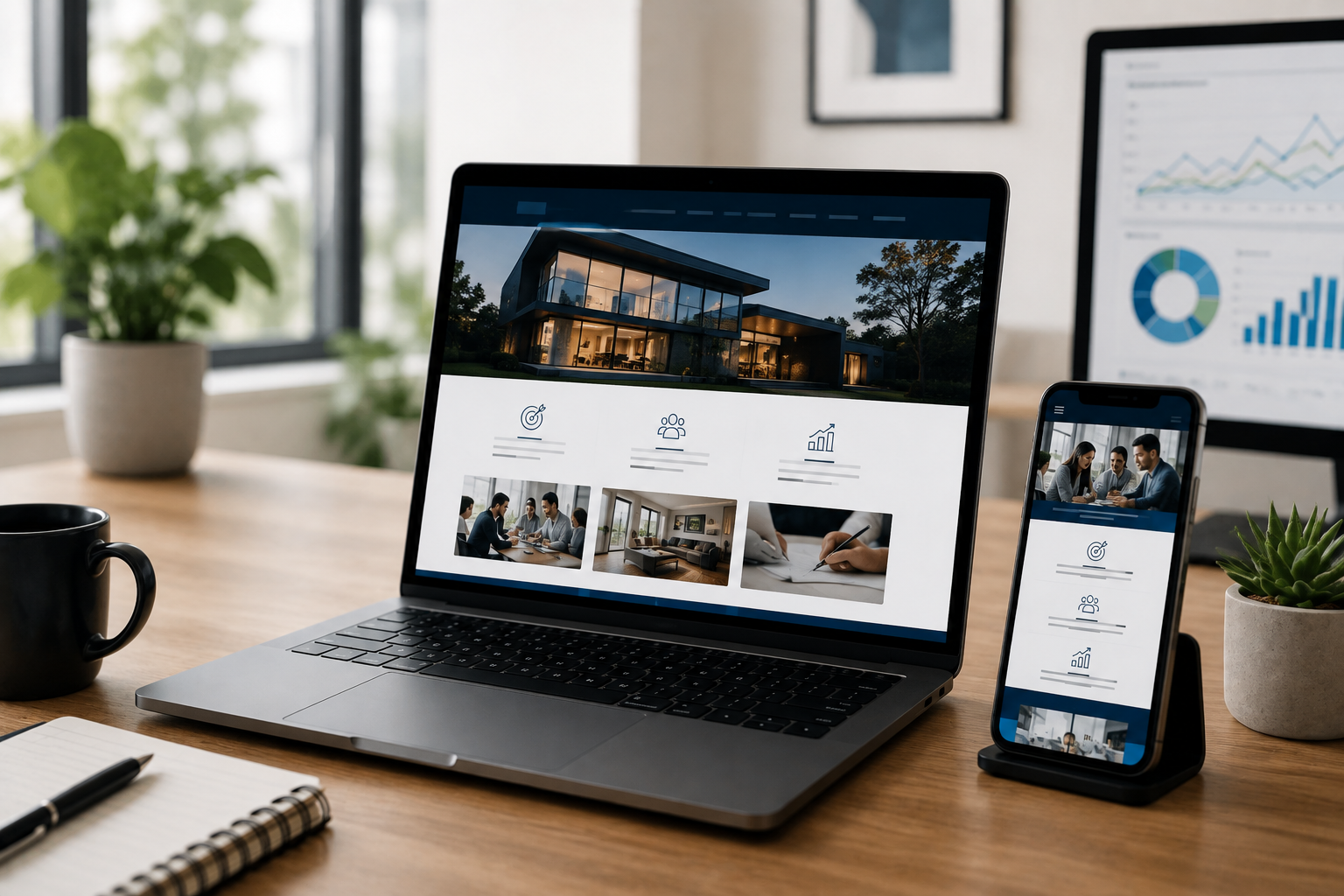 Responsive WordPress website displayed on laptop and mobile devices with website analytics.