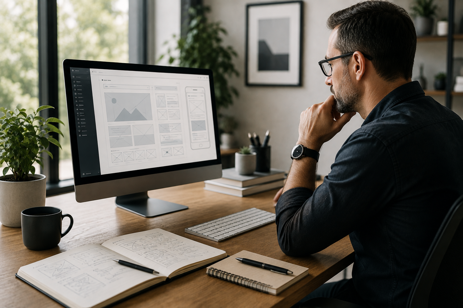 WordPress web designer creating a modern business website in a professional design studio.