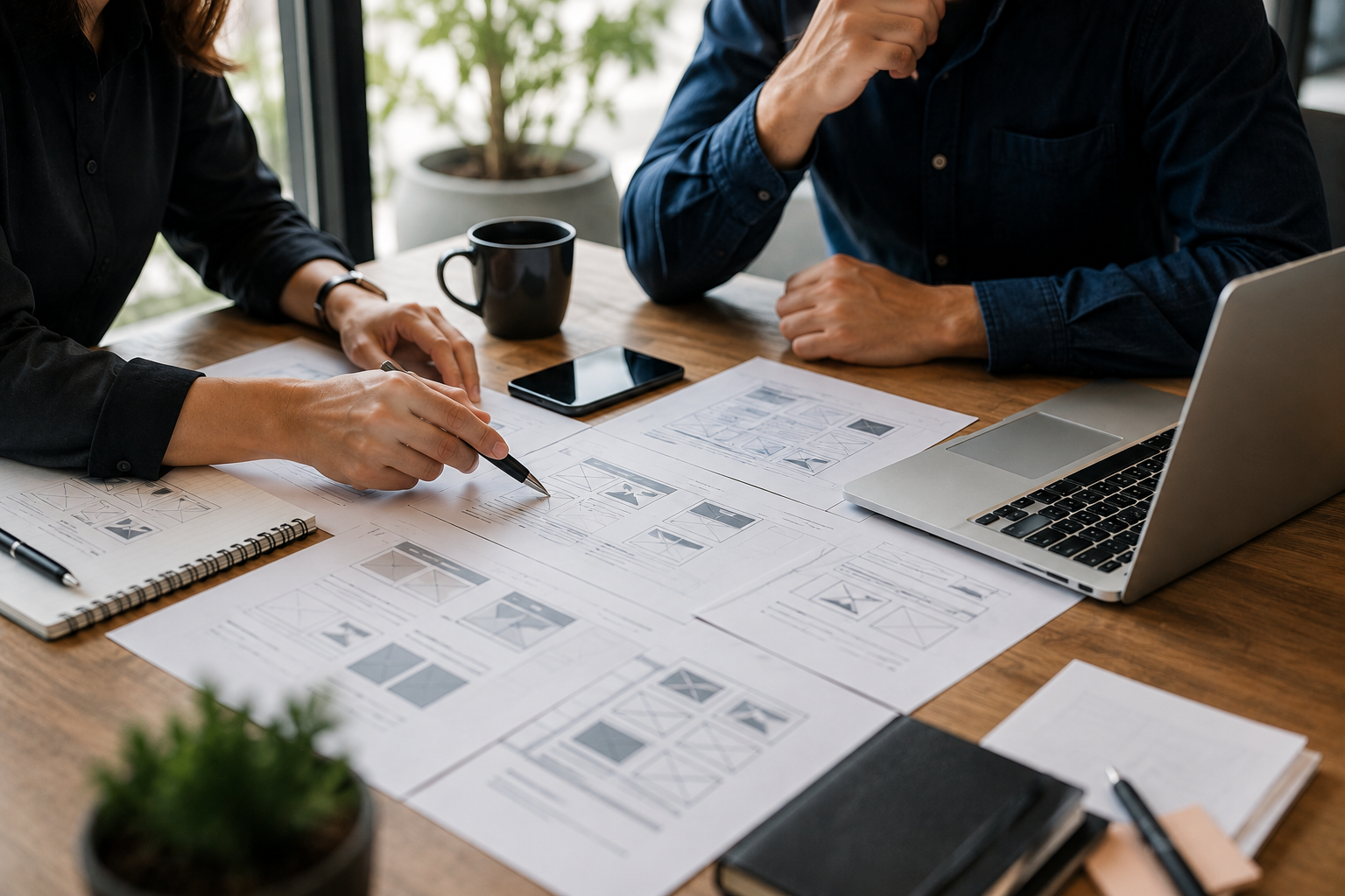 Web design professionals planning a custom WordPress website using wireframes and design layouts.